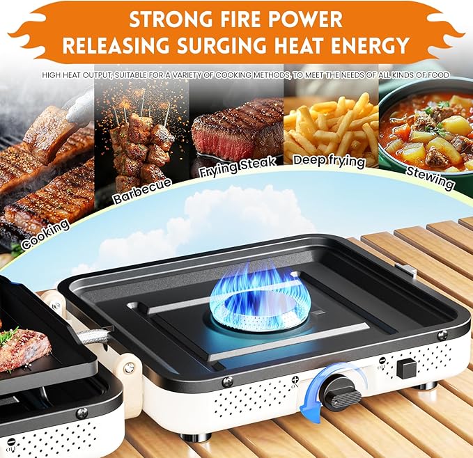 AFFLUENT 2 Burner Propane Camping Stove with Grill and Storage Bag- A Must - Have Camp Stove Propane! Foldable, Featuring Two Adjustable Burners Ideal Portable Camping Stove for Camping & BBQ(White)