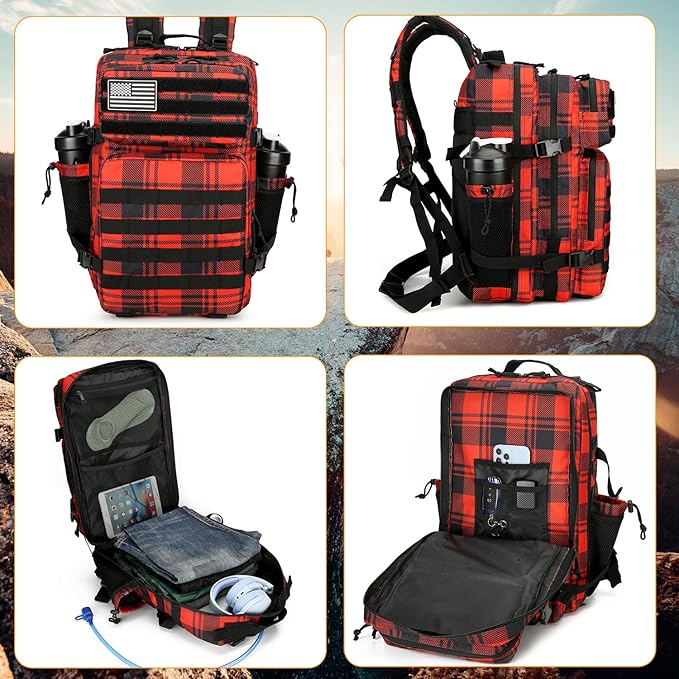 25L Tactical Backpack for Men Women Military Backpack Army Assault Pack Molle Backpack Small Bug Out Bag Travel Rucksack Daypack (Red Plaid)