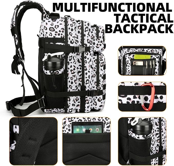 25L Tactical Backpack Military Tactical Backpack for Men and Women Small Assault Pack Outdoor Travel Hiking Camping Rucksack with Molle Webbing (White Leopard)