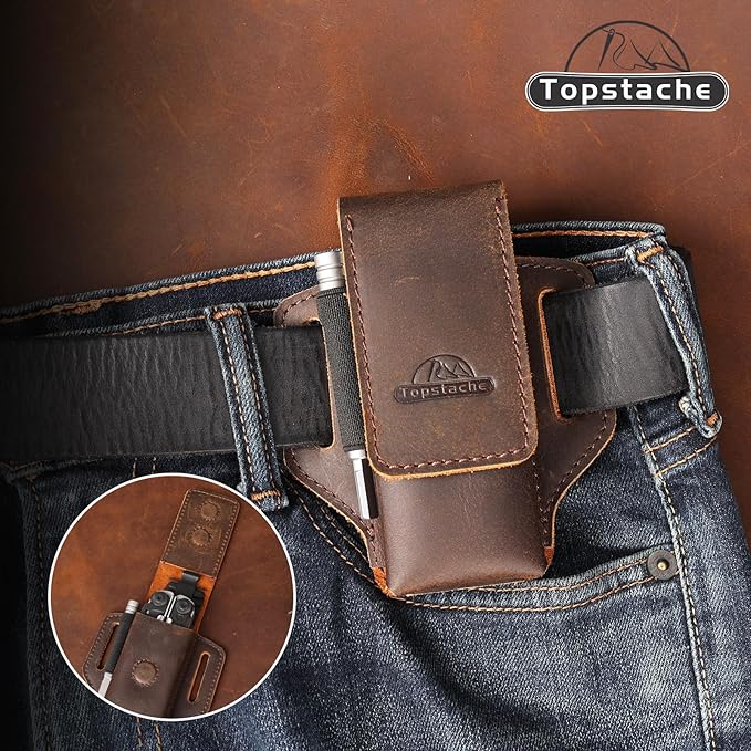 Topstache Leather Multitool Sheath for Belt - Multitool Holder - EDC Belt Organizer - Two Magnetic Closure - Darkbrown