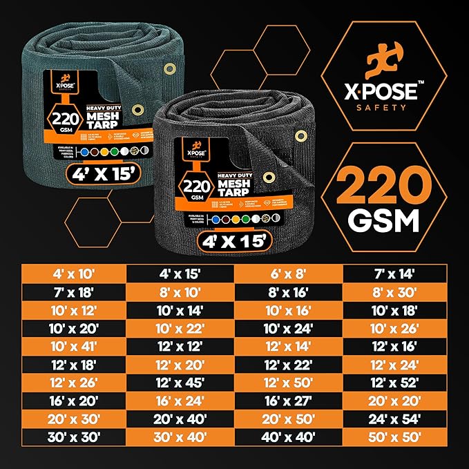 Xpose Safety Heavy Duty Mesh Tarp – 8’ x 16’ Multipurpose Black Protective Cover with Air Flow - Use for Tie Downs, Shade, Fences, Canopies, Dump Trucks – Weather and Tear Resistant