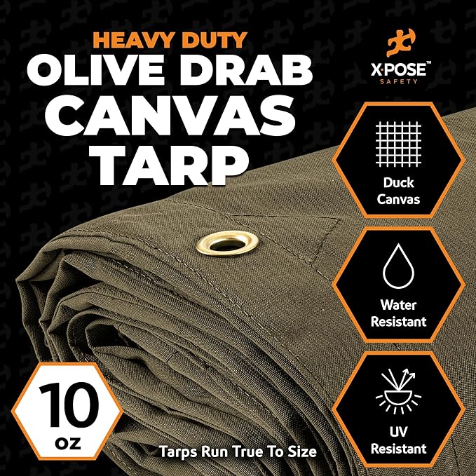 Xpose Safety Canvas Tarp - 10oz Olive Drab Canvas Tarps Heavy Duty Water Resistant with Brass Grommets- Multipurpose Outdoor Tarpaulin for Camping, Canopy, Trailer, Equipment Cover 8' x 12'
