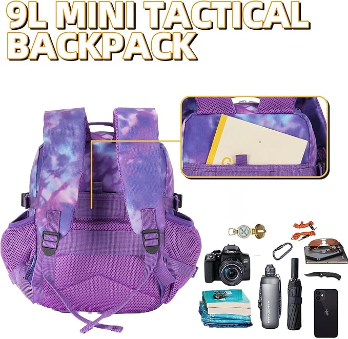 9L Mini Tactical Backpack for Men and Women, Tactical Backpack Small for Hiking, Small Tactical Bag (Purple Tie-Dye)