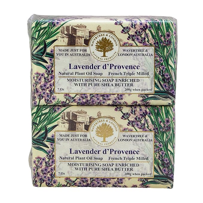 Wavertree & London Lavender Scented Natural Soap Bars (Pack of 2), 7oz Moisturizing French Triple Milled Soap Bars enriched with shea butter - Pure Plant Oil Bath & Body Bar for All Skin Types