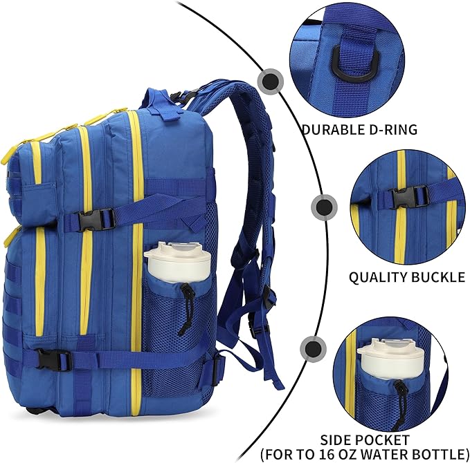 25L Tactical Military Backpack Small Travel Rucksack for Men and Women Assault Pack Bug Out Bag Molle Daypack Gym Backpack with Bottle Holder (Blue Yellow)