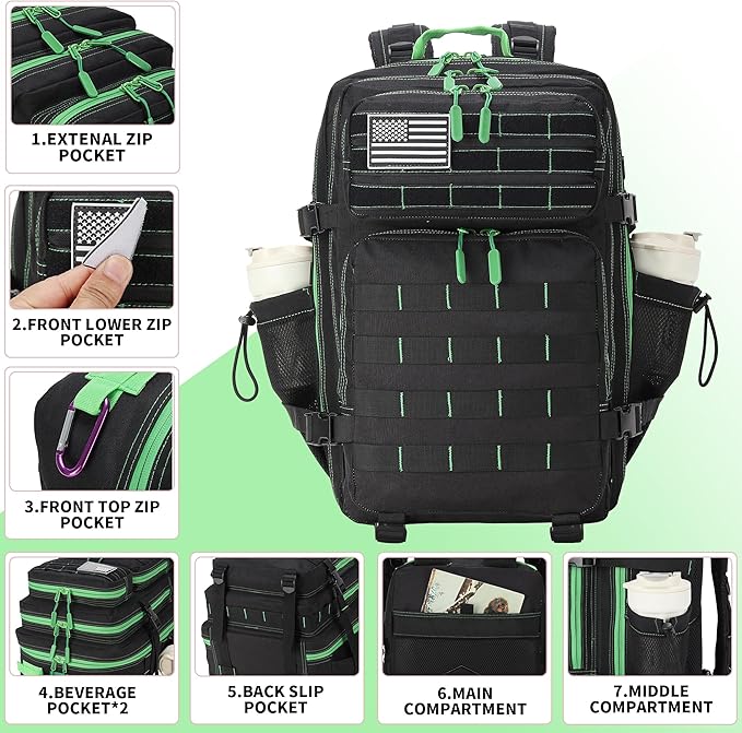 45L Military Tactical Backpacks 3 Days Assault Pack Bag Fitness Rucksack Bug Out Bag Hiking Treeking (45LBlack&Green)