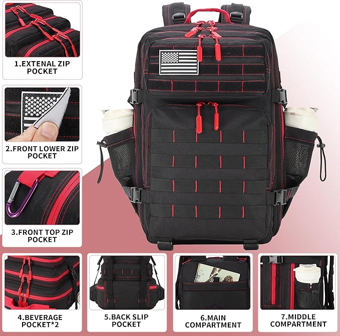 45L Military Tactical Backpacks 3 Days Assault Pack Bag Fitness Rucksack Bug Out Bag Hiking Treeking (45LBlack&Red)