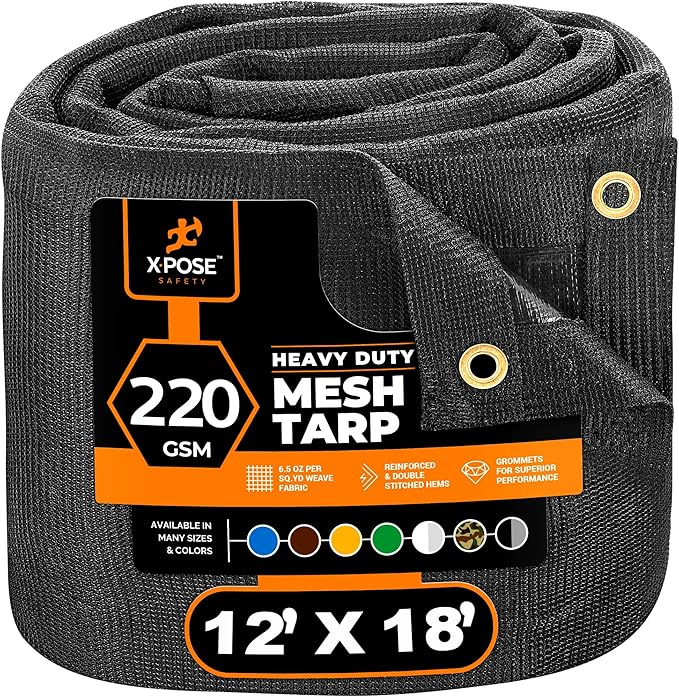 Xpose Safety Heavy Duty Mesh Tarp – 12’ x 18’ Multipurpose Black Protective Cover with Air Flow - Use for Tie Downs, Shade, Fences, Canopies, Dump Trucks – Tear Resistant