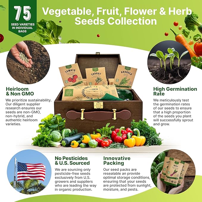 75 Medicinal Herb & Vegetable Seeds Variety Pack, Garden Seed Starter Kit - Over 47,380 Non-GMO Heirloom Seeds for Planting Vegetables and Herbs Garden Seeds Gift Seed Box with Gardening Supplies