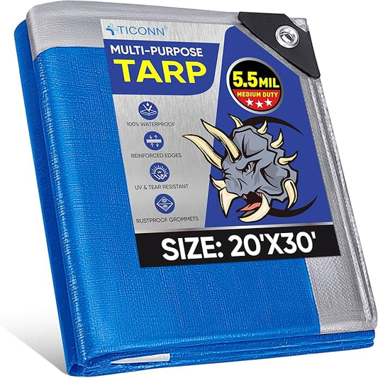 TICONN Heavy Duty Tarp Cover, Extra Thick Tarps Waterproof Tear and Rip Proof UV Resistant Tarpaulin with Reinforced Grommets and Edges (5.5 Mil, 20'x30')
