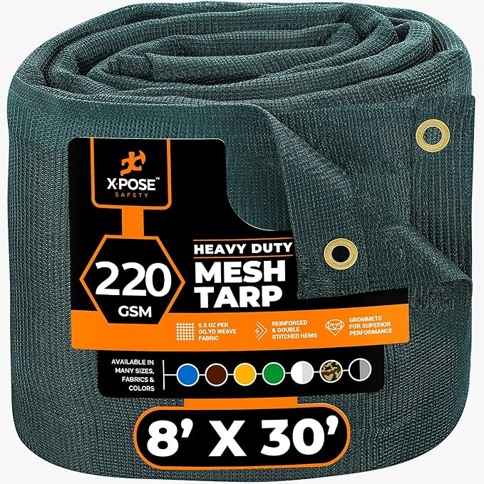 Xpose Safety Heavy Duty Green Mesh Tarp 8' x 30' – 70% Sunblock Shade Cloth with Grommets for Garden, Fence, Privacy Screen, Canopies, Dump Trucks, Pool Cover – Tear & Weather Resistant