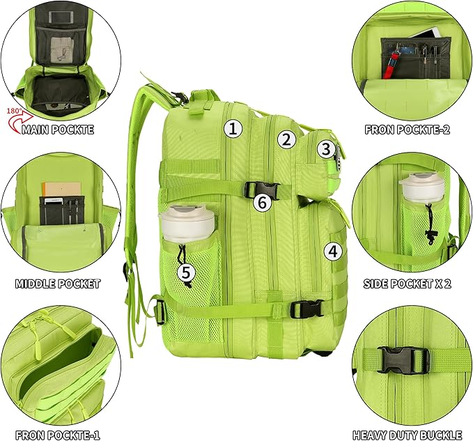 25L Tactical Backpack Small Military Tactical Backpack Molle Bag Heavy Duty Assault Pack for Work Gym Outdoors (Bright Green)