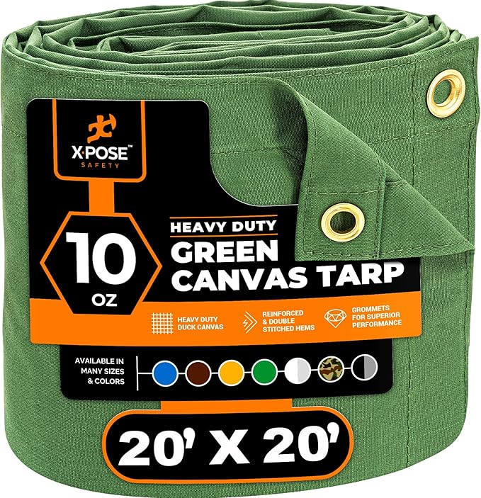 Xpose Safety Canvas Tarp - 10oz Green Canvas Tarps Heavy Duty Water Resistant with Brass Grommets- Multipurpose Outdoor Tarpaulin for Camping, Canopy, Trailer, Equipment Cover 20' x 20'