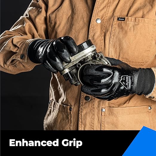 Waterproof Gloves for Men and Women, Freezer Gloves with Grip, Double Nitrile Dipped for Extreme Oil Repellent, for Construction, Mechanics, Mining, Plumbing, Black, Small