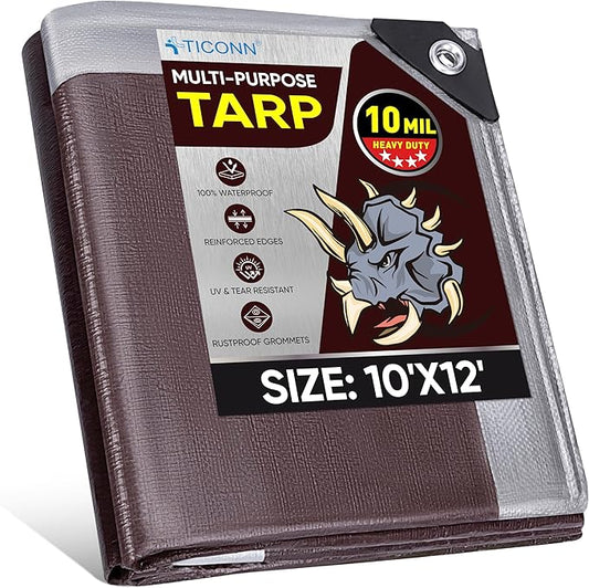 TICONN Heavy Duty Tarp Cover, Extra Thick Tarps Waterproof Tear and Rip Proof UV Resistant Tarpaulin with Reinforced Grommets and Edges (10 Mil, 10'x12')
