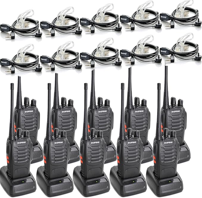 Walkie Talkies for Adults Rechargeable Long Range 16 Channel Professional Walky Talky and Security Headphones Flashlight Li-ion Battery and Charger (10 Pack)