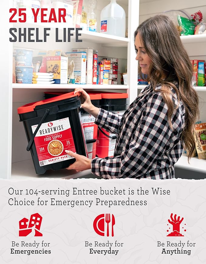 ReadyWise Emergency Food Supply - 104 Servings Variety Pack Bucket, Protein Meals, Dehydrated & Freeze Dried Food for Backpacking, Camping Essentials & Prepping Supplies, up to 25 Year Shelf Life