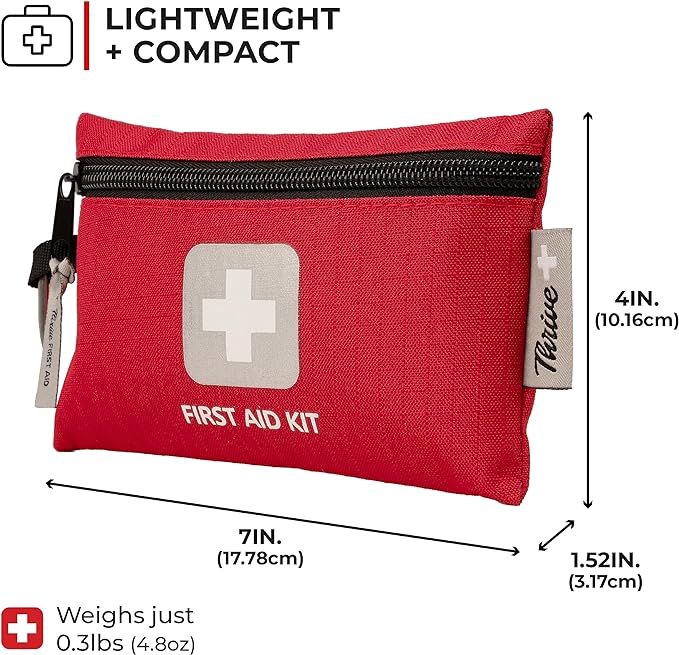 Thrive Mini Emergency Kit & First Aid Pouch - College Dorm Sick Kit - 66 Piece Set - Waterproof Rip-Stop Nylon Pouch with Multi-Size Bandages, Wipes & Safety Pins