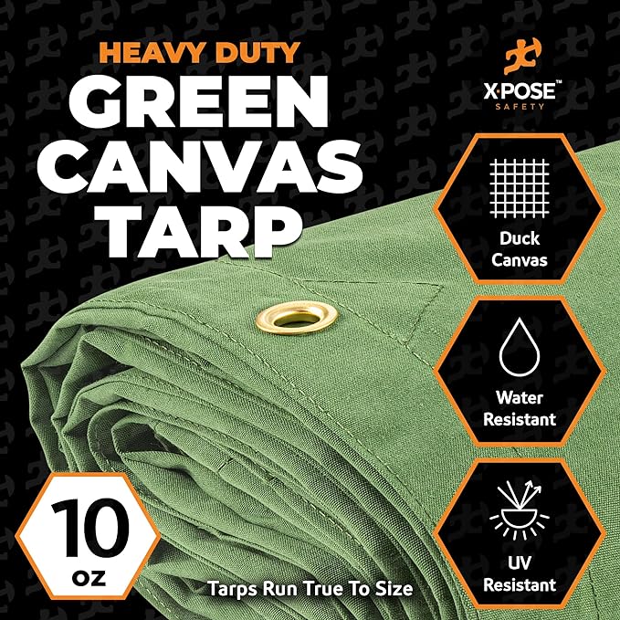 Xpose Safety Canvas Tarp - 10oz Green Canvas Tarps Heavy Duty Water Resistant with Brass Grommets- Multipurpose Outdoor Tarpaulin for Camping, Canopy, Trailer, Equipment Cover 14' x 14'