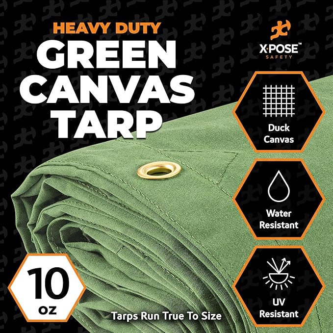 Xpose Safety Canvas Tarp - 10oz Green Canvas Tarps Heavy Duty Water Resistant with Brass Grommets- Multipurpose Outdoor Tarpaulin for Camping, Canopy, Trailer, Equipment Cover 5' x 7'