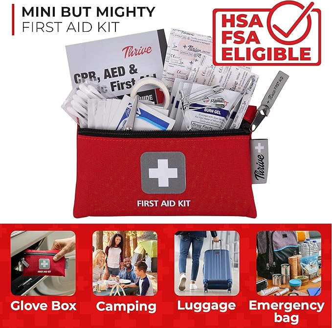 Thrive Mini Emergency Kit & First Aid Pouch - College Dorm Sick Kit - 66 Piece Set - Waterproof Rip-Stop Nylon Pouch with Multi-Size Bandages, Wipes & Safety Pins