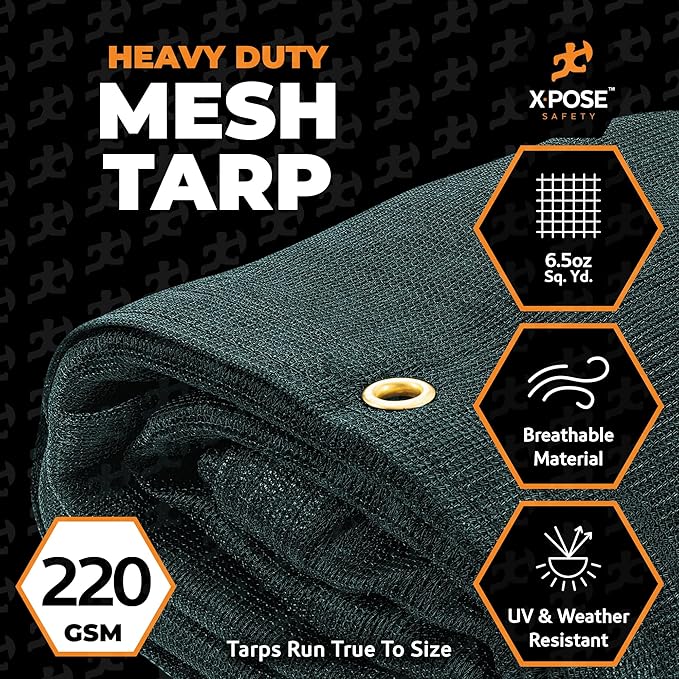 Xpose Safety Heavy Duty Green Mesh Tarp 12' x 18' – 70% Sunblock Shade Cloth with Grommets for Garden, Fence, Privacy Screen, Canopies, Dump Trucks, Pool Cover – Tear & Weather Resistant
