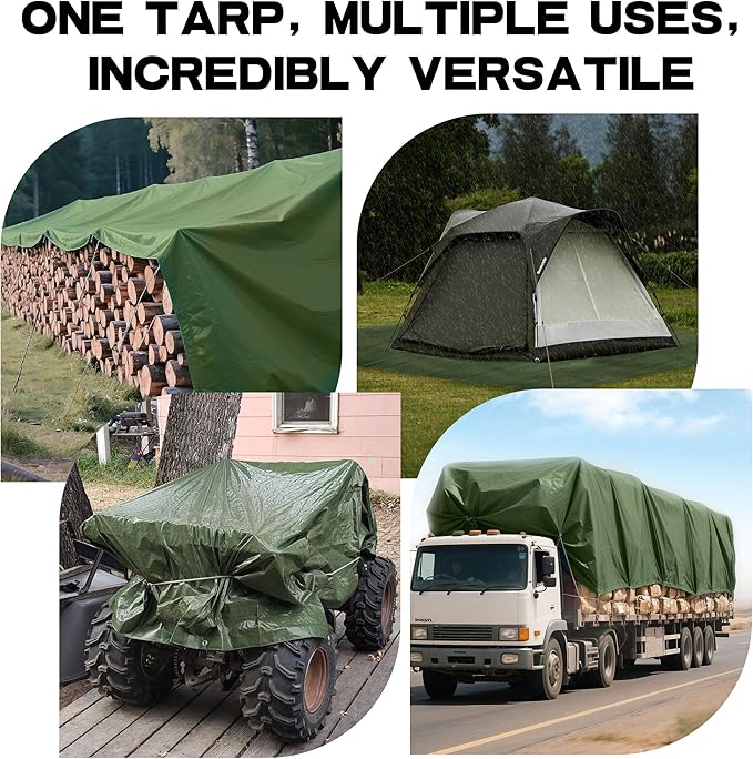 Waterproof 10 x 12 Feet Tarp Heavy Duty 9-mil Thick Multi-Purpose Covers Army Green PE Tarpaulin