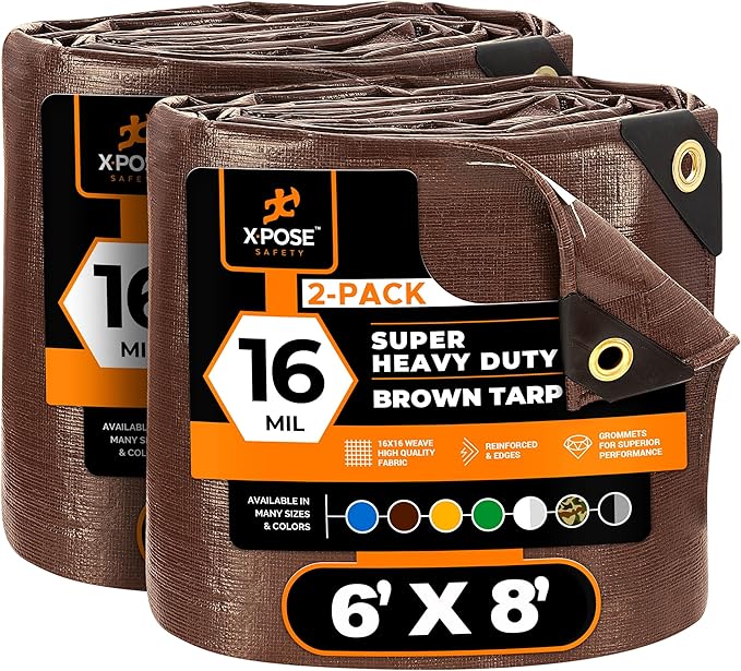 Xpose Safety Super Heavy-Duty 6' x 8' Brown Poly Tarp (2-Pack) - 16 Mil Waterproof & UV Resistant, Rip-Proof with Reinforced Edges & Grommets