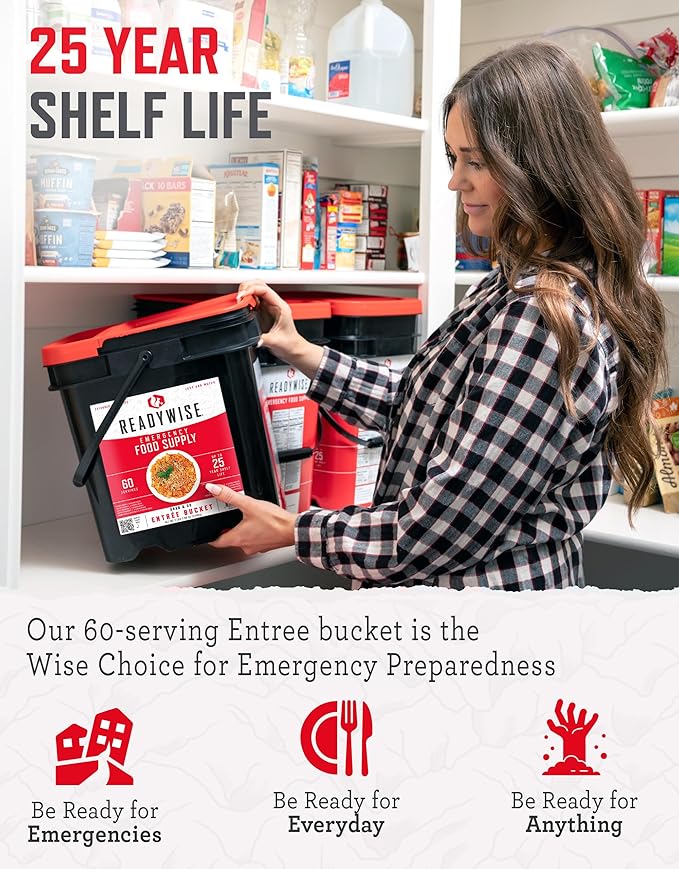 ReadyWise Entrée Bucket - 60 Servings, Emergency Food Supply for Survival Kit, Protein Meals, Freeze Dried Food, Ready to Eat Camping & Road Trip Essentials, up to 25 Year Shelf Stable Life