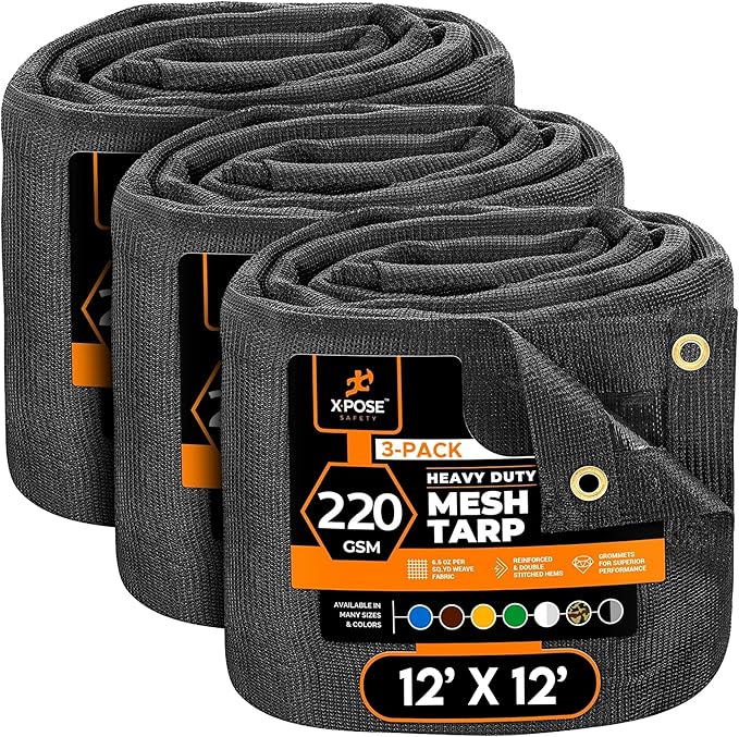 Xpose Safety Heavy Duty Mesh Tarp 12' x 12' (3-Pack) – Multipurpose Black Protective Cover with Air Flow - Use for Tie Downs, Shade, Fences, Canopies, Dump Trucks – Weather and Tear Resistant
