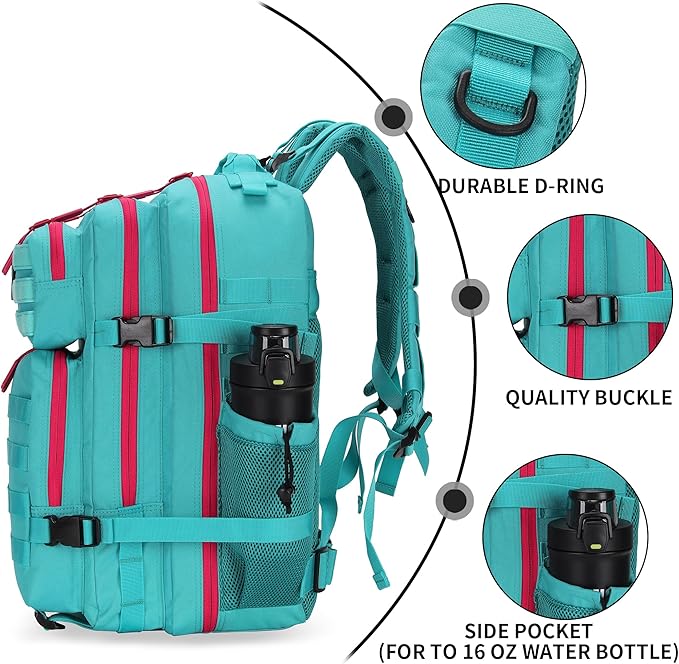 25L Tactical Military Backpack Small Travel Rucksack for Men and Women Assault Pack Bug Out Bag Molle Daypack Gym Backpack with Bottle Holder (Neon Teal)