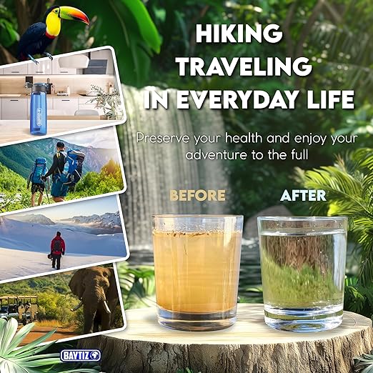 Water Filter Bottle + Purifier Straw - Cartridge with Charcoal Activated Reusable for