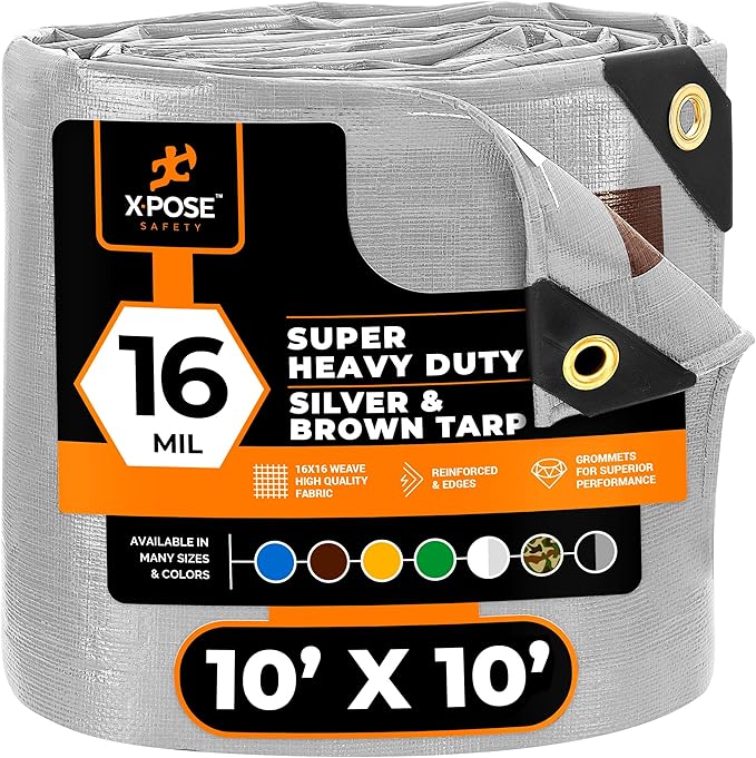 10' x 10' Super Heavy Duty 16 Mil Silver/Brown Poly Tarp Cover - Thick Waterproof, UV Resistant, Rip and Tear Proof Tarpaulin with Grommets and Reinforced Edges - by Xpose Safety