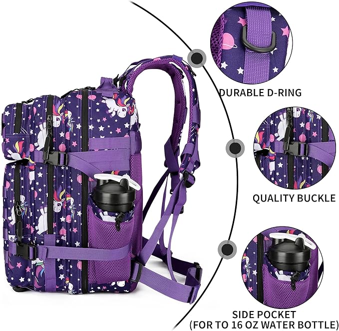 25L Tactical Military Backpack Small Travel Rucksack for Men and Women Assault Pack Bug Out Bag Molle Daypack Gym Backpack with Bottle Holder (Purple Pony)