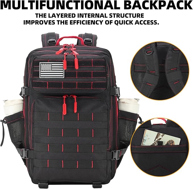 45L Military Tactical Backpacks 3 Days Assault Pack Bag Fitness Rucksack Bug Out Bag Hiking Treeking (45LBlack&Red)
