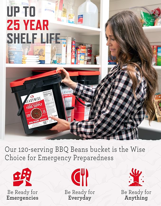 ReadyWise Emergency Food Supply - 120 Servings BBQ Beans Bucket, Freeze Dried Protein Meals, Camping Essentials, Ready to Eat, Survival Disaster Prepping Supplies, up to 25 Year Shelf Life