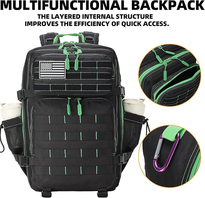 45L Military Tactical Backpacks 3 Days Assault Pack Bag Fitness Rucksack Bug Out Bag Hiking Treeking (45LBlack&Green)