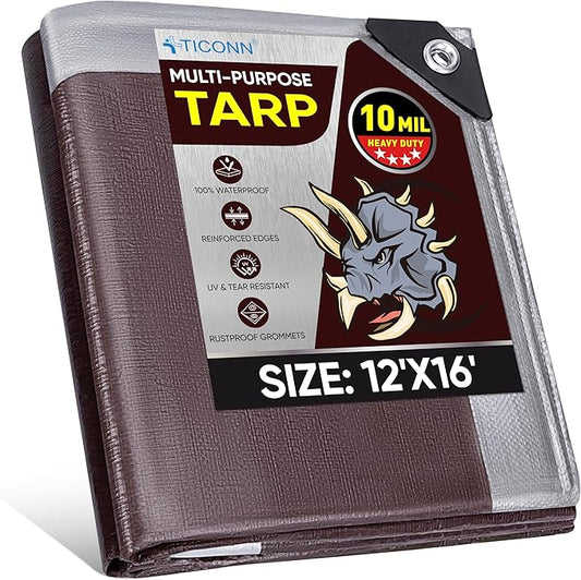 TICONN Heavy Duty Tarp Cover, Extra Thick Tarps Waterproof Tear and Rip Proof UV Resistant Tarpaulin with Reinforced Grommets and Edges (10 Mil, 12'x16')