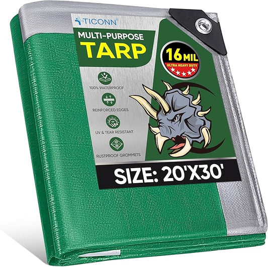 TICONN Heavy Duty Tarp Cover, Extra Thick Tarps Waterproof Tear and Rip Proof UV Resistant Tarpaulin with Reinforced Grommets and Edges (16 Mil, 20'x30')