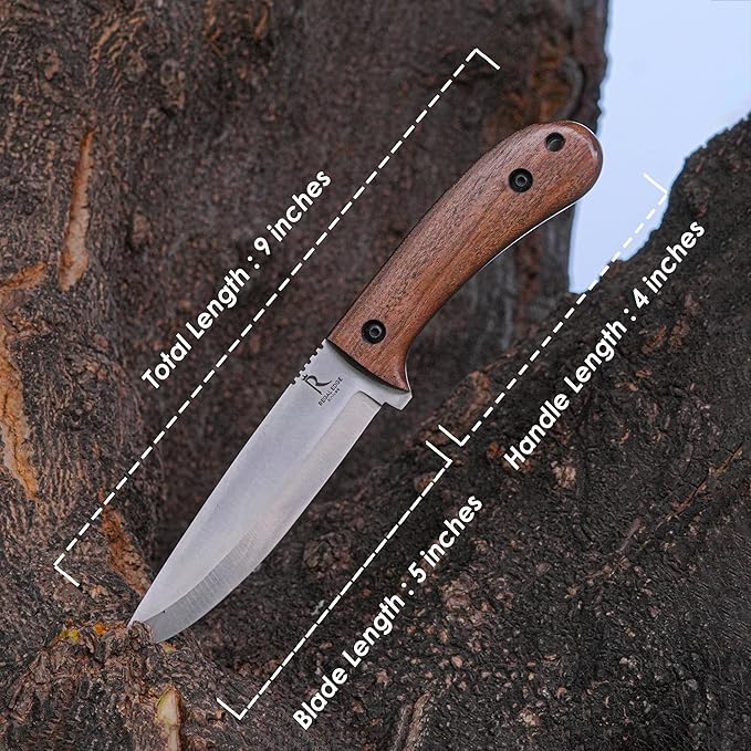 Bushcraft Knife Full Tang, 9-Inch High Carbon Steel Fixed Blade Knife With Sheath, Outdoor Scandi Knife, Tactical, Camping Survival For Hunting, Carving & Hiking