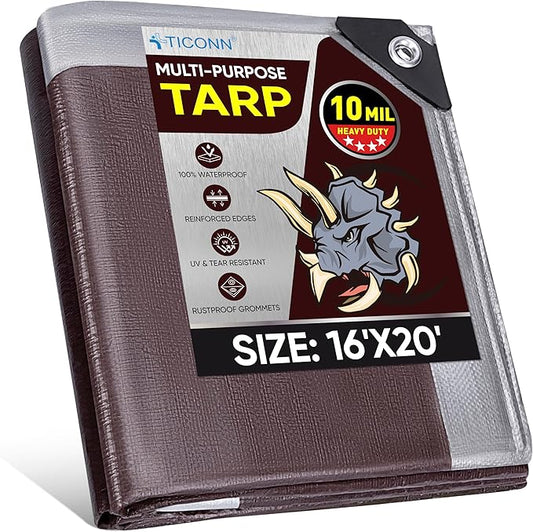 TICONN Heavy Duty Tarp Cover, Extra Thick Tarps Waterproof Tear and Rip Proof UV Resistant Tarpaulin with Reinforced Grommets and Edges (10 Mil, 16'x20')