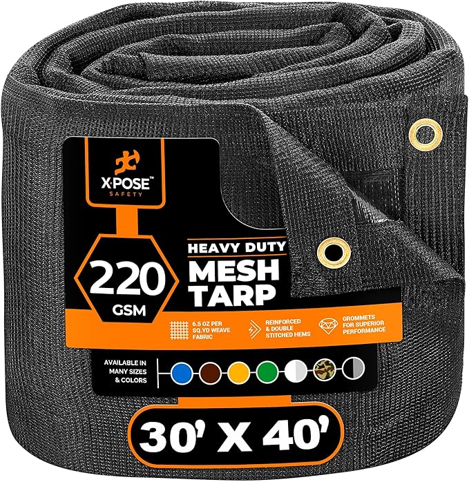 Xpose Safety Heavy Duty Mesh Tarp – 30' x 40' Multipurpose Black Protective Cover with Air Flow - Use for Tie Downs, Shade, Fences, Canopies, Dump Trucks – Weather and Tear Resistant