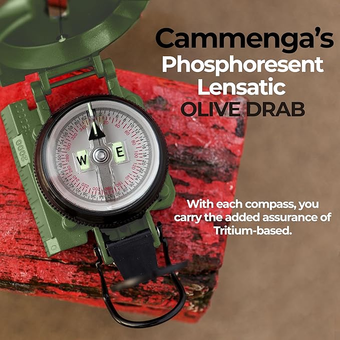 Cammenga Compass Military Grade Phosphorescent - Lensatic Compass Shock, Sand, and Waterproof, Tactical, Navigation - Made in The USA
