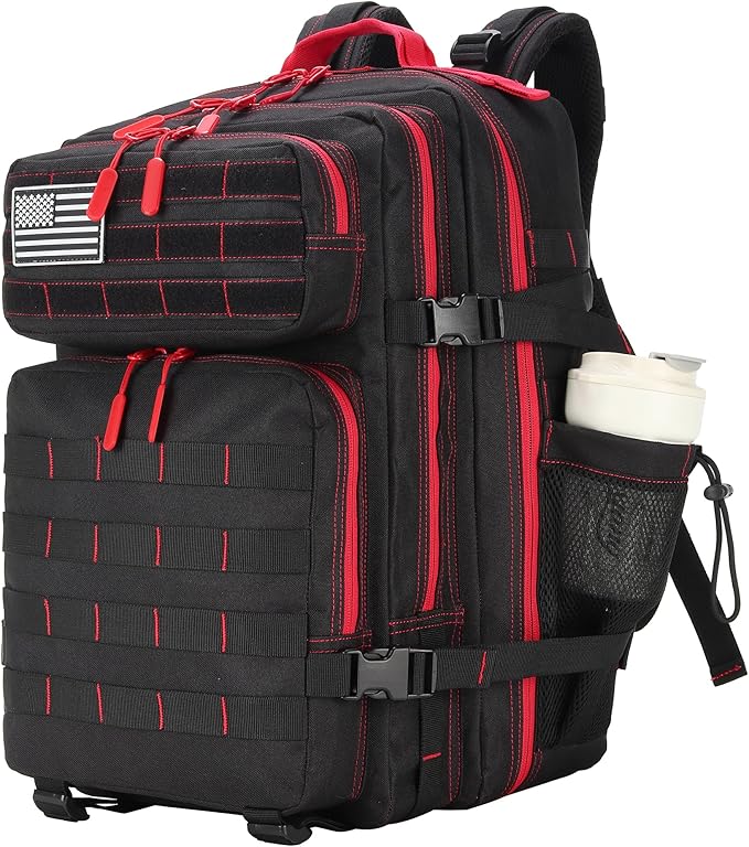 45L Military Tactical Backpacks 3 Days Assault Pack Bag Fitness Rucksack Bug Out Bag Hiking Treeking (45LBlack&Red)