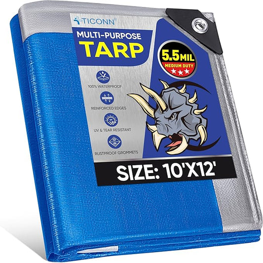 TICONN Heavy Duty Tarp Cover, Extra Thick Tarps Waterproof Tear and Rip Proof UV Resistant Tarpaulin with Reinforced Grommets and Edges (5.5 Mil, 10'x12')