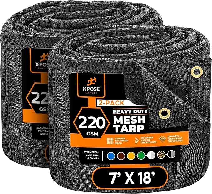 Xpose Safety Heavy Duty Mesh Tarp 7' x 18' (2-Pack) – Multipurpose Black Protective Cover with Air Flow - Use for Tie Downs, Shade, Fences, Canopies, Dump Trucks – Weather and Tear Resistant