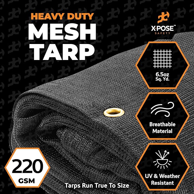 Xpose Safety Heavy Duty Mesh Tarp – 20'x 20' Multipurpose Black Protective Cover with Air Flow - Use for Tie Downs, Shade, Fences, Canopies, Dump Trucks – Weather and Tear Resistant
