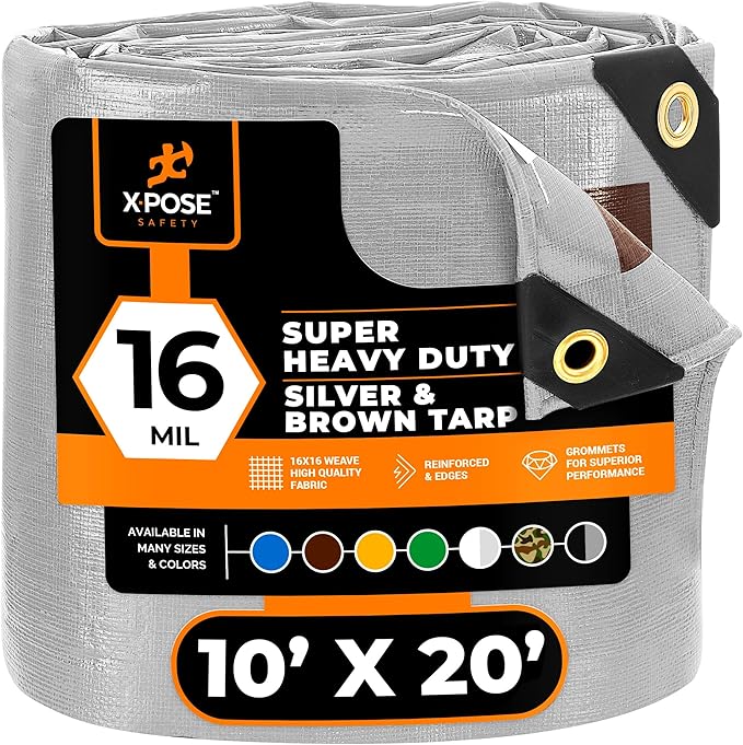 10' x 20' Super Heavy Duty 16 Mil Silver/Brown Poly Tarp Cover - Thick Waterproof, UV Resistant, Rip and Tear Proof Tarpaulin with Grommets and Reinforced Edges - by Xpose Safety
