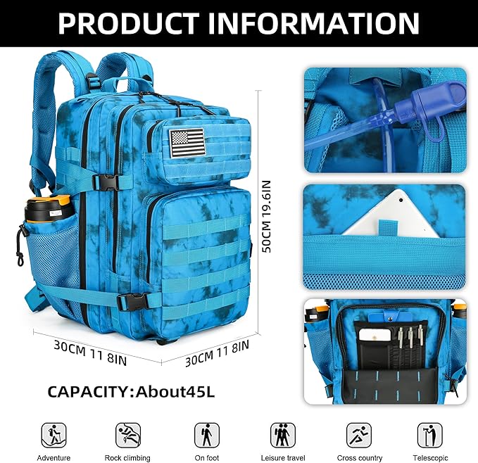 45L Tactical Assault Backpack 3 day assault pack with Molle Waterproof backpack Rucksack for Tactical Backpacks (Blue water pattern)