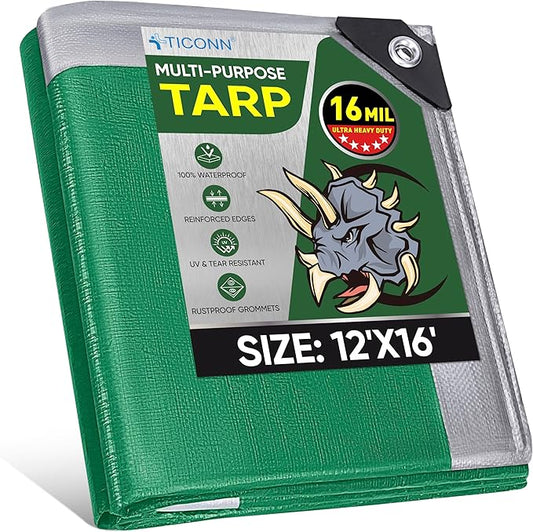 TICONN Heavy Duty Tarp Cover, Extra Thick Tarps Waterproof Tear and Rip Proof UV Resistant Tarpaulin with Reinforced Grommets and Edges (16 Mil, 12'x16')